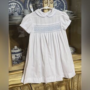 Vintage hand smocked heirloom dress approx 6-7 26.5” sth white blue